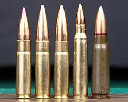 左:300 AAC Blackout プラスチック先端弾(英語版)
右:300 AAC Blackout 125グレイン・マッチ弾、300 AAC Blackout 220グレイン亜音速弾、5.56×45mm NATO弾および7.62×39mm弾
