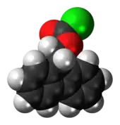Ball-and-stick model of the fluorenylmethyloxycarbonyl chloride molecule{{{画像alt1}}}