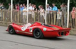 フォード・P68（1968年。画像は2007年撮影）。ニュルブルクリンク・北コース序盤のジャンピングスポットであるフルーグプラッツの着地時に車両後部を路面に擦ってとんぼ返りをしたと言われている。