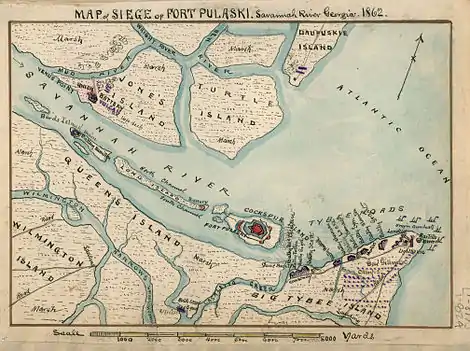 an island map showing (a) fort in the center, and Union batteries on (b) two upriver islands, (c) one on a north coastal island, and (c) eleven east on Tybee Island