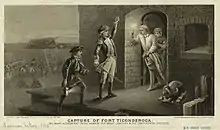 A black and white engraving, captioned "Capture of Fort Ticonderoga".  Two men, one holding a lit lantern and the other with his left hand raised and a sword in his right hand, stand in the center, facing the doorway of a stone building to the right.  A man stands in the doorway, wearing a nightgown and nightcap, and holding a lit candle on a candlestick.  Behind him a woman is visible.  To the right of the doorway is a small cannon or mortar.  In the background on the left men in uniform are visible, as are stacked cannonballs, cannons, and a ladder leaning against a wall.