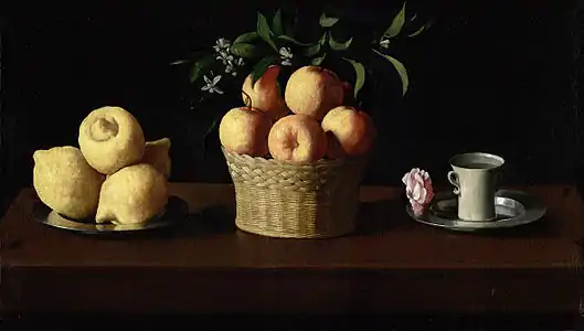 『プレートのレモン・かごのオレンジ・カップとバラ』フランシスコ・デ・スルバラン1633画布、油彩60 × 107 cmノートン・サイモン財団