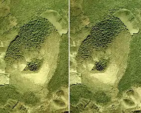 大室山のステレオ写真写真上方が北。 国土交通省 国土地理院 地図・空中写真閲覧サービスの空中写真を基に作成