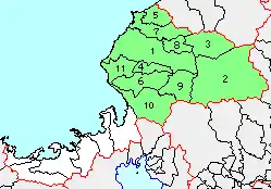 嶺北の自治体
1. 福井市 / 2. 大野市 / 3. 勝山市 / 4. 鯖江市 / 5. あわら市 / 6. 越前市 / 7. 坂井市 / 8. 永平寺町 / 9. 池田町 / 10. 南越前町 / 11. 越前町