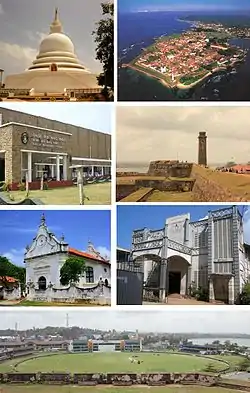 左上から時計回りに: ゴール寺院、空から見たゴール旧市街、旧市街の城壁、St. Aloysius' College、ゴール・インターナショナル・スタジアム、オランダ教会、Galle Municipal Council