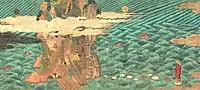 『玄奘三蔵絵』　玄奘三蔵が、須弥山の頂上まで至る夢を見、天竺行きを決心する場面。藤田美術館蔵　13世紀（鎌倉時代）　日本