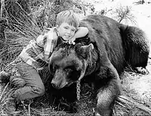 地面に腹ばいになっているクマの首元に、幼い少年が寄りかかっている白黒写真。