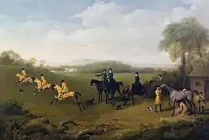 ジョージ・スタッブスにより1759年に描かれた絵画「グッドウッドで運動する競走馬」第3代リッチモンド公爵・チャールズ・レノックスの黄色の勝負服を着た騎手と厩務員の姿が描かれている。