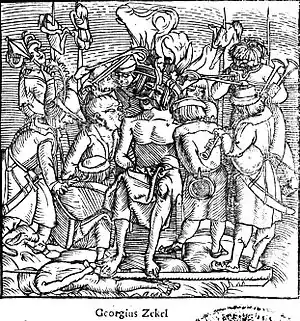 1514年7月20日、ハンガリーの殉教者ドージャ・ジェルジは、反乱軍によって灼熱の王冠を被らされ、熱く焼かれた王笏が杭のように突き立てられた玉座に座ることを強いられ、苦悶のうちに絶命したと伝えられる。
