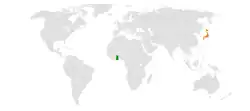 GhanaとJapanの位置を示した地図