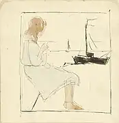 海で編む少女、鉛筆と水彩画 テオ・ファン・ドゥースブルフ、1918年