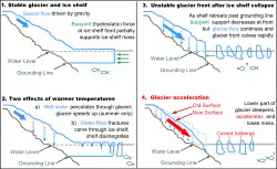 棚氷の消滅によって氷河（氷床）の滑落が早まるメカニズムの説明。