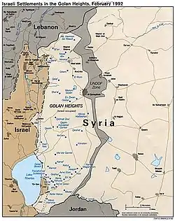 青文字 - イスラエル入植地黒文字 - ドルーズ人およびチェルケス人の居住地