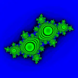 軌道上の平均離散速度 = abs( zn+1 − zn ) に比例する、内側が色づけされた黄金平均回転数に対する
f
c
(
z
)
=
z
2
+
c
{\displaystyle f_{c}(z)=z^{2}+c}
の充填ジュリア集合。ジーゲル円板は唯一つであり、その中の軌道の多くの原像があることに注意されたい。