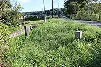 郷村断層（小池地区）。2つの石碑間に260センチメートルの水平方向のズレ（Strike Slip）が生じている。2019年9月8日撮影。