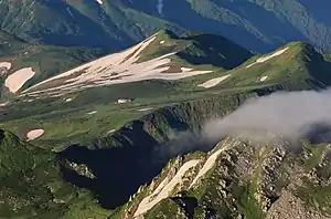 立山から望む鳶岳（左）と鷲岳（右）（2017年8月5日撮影）