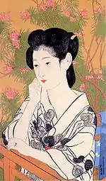 「温泉宿」木版、紙、大正9年(1920年)完成は昭和27年(1952年)。五葉の甥・橋口康雄が主版のみ完成していた本作に、多色刷りを加えて版画化した作品。そのため、五葉生前の作に比べると印象がやや異なる。
