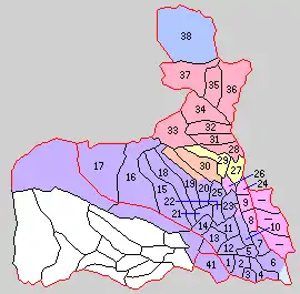 1.高崎町 2.佐野村 3.倉賀野町 4.岩鼻村 5.大類村 6.滝川村 7.京ヶ島村 8.東村 9.元総社村 10.新高尾村 11.中川村 12.塚沢村 13.六郷村 14.長野村 15.久留馬村 16.室田村 17.倉田村 18.車郷村 19.箕輪村 20.相馬村 21.上郊村 22.堤ヶ岡村 23.国府村 24.総社町 25.金古町 26.清里村 27.駒寄村 28.古巻村 29.明治村 30.桃井村 31.豊秋村 32.渋川町 33.伊香保町 34.金島村 35.長尾村 36.白郷井村 37.小野上村 41.片岡村(紫:高崎市 桃:前橋市 赤:渋川市 黄:吉岡町 橙:榛東村 水色:佐波郡玉村町 38は吾妻郡高山村)