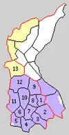 1.太田町 2.九合村 3.沢野村 4.尾島町 5.世良田村 6.木崎町 7.宝泉村 8.鳥之郷村 9.強戸村 10.生品村 11.綿打村 12.藪塚本町 13.笠懸村(紫:太田市 黄:みどり市 水色:伊勢崎市)
