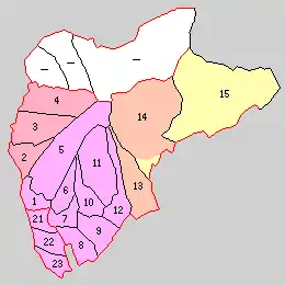 1.南橘村 2.北橘村 3.横野村 4.敷島村 5.富士見村 6.芳賀村 7.桂萱村 8.木瀬村 9.荒砥村 10.大胡村 11.宮城村 12.粕川村 13.新里村 14.黒保根村 15.東村 21.前橋市 22.上川淵村 23.下川淵村(桃:現 前橋市 赤:現 渋川市 橙:現 桐生市 黄:現 みどり市 )