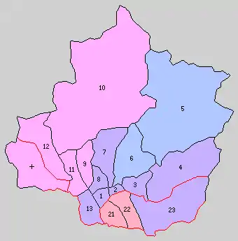 1.沼田町 2.利南村 3.白沢村 4.東村 5.片品村 6.川場村 7.池田村 8.薄根村 9.古馬牧村 10.水上村 11.桃野村 12.湯ノ原村 13.川田村 21.久呂保村 22.糸之瀬村 23.赤城根村(紫:沼田市 桃:みなかみ町 赤:昭和村 青:合併なし +は久賀村)