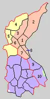 1.桐生町 2.梅田村 3.川内村 4.福岡村 5.大間々町 6.相生村 7.広沢村 8.境野村 9.毛里田村 10.韮川村(橙:桐生市 紫:太田市 黄:みどり市 緑:栃木県足利市)
