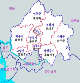 京畿道が南北に分割された場合、設置される京畿北道と京畿南道の地図