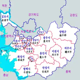 京畿道が南北に分割された場合、設置される京畿北道と京畿南道の地図