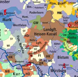 ヘッセン=カッセル方伯領(1567年ー1803年)ヘッセン選帝侯領(1803年ー1866年)の位置