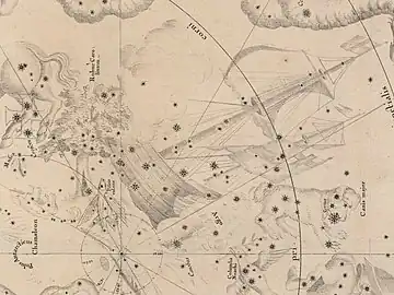 エドモンド・ハリーの南天星図（1678年）に描かれた星座 Argo と Robur Carolinum。Robur Carolinum には、のちにほ座の一部となる恒星が使われていた。