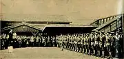 満州事変出征の乃木部隊の一部が帰還、浜田駅前での出迎え風景(1937年3月)。