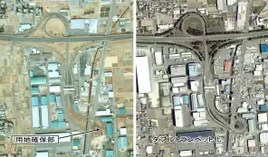 当初からダブルトランペット型を採用した横浜町田IC（画像左端）とシングルトランペットとして発足してのちにダブル化した浜松IC（1975年と2015年の画像の比較）。（国土地理院地図・空中写真閲覧サービスの航空写真を元に加工）
