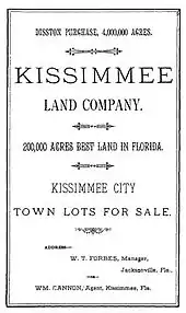 A black and white image of a land sale notice announcing 4&nbsp;millionエーカー (16,000&nbsp;km2) purchased by Hamilton Disston; 20,000エーカー (81&nbsp;km2) are up for sale, specifically featuring town lots for sale