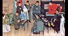 （中国絵画）伝・顧閎中『韓熙載夜宴図』（部分）　夜の室内という設定だが、光源は不明。陰影や明暗の表現はなく、人物・事物は固有色で描かれる。