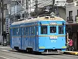 「鉄道喫茶・あびこ道」広告塗装　モ170（2013年11月）（オリエント急行風塗装）大阪鉄工所製残存車