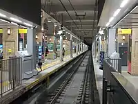支柱固定型昇降ロープが設置された阪神神戸三宮駅2番線ホーム（左側が乗車専用、右側が降車専用）