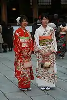 成人式で派手な色の振袖を着た若い女性ふたり(2008年、明治神宮にて)