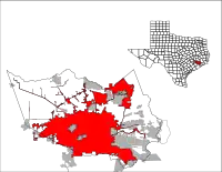 右上: テキサス州におけるハリス郡の位置左: ハリス郡におけるヒューストンの市域の位置図