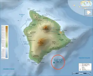 ハワイ島、主要な陸地の南東にあるロイヒの位置を示す。