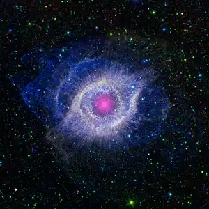 アメリカ航空宇宙局の赤外線宇宙望遠鏡スピッツァー宇宙望遠鏡 (SST)、WISEと紫外線宇宙望遠鏡GALEX の観測データから合成されたNGC 7293 の画像。SSTとWISEの赤外線データは緑と赤に、GALEXの紫外線データは青に、それぞれ着色されている。