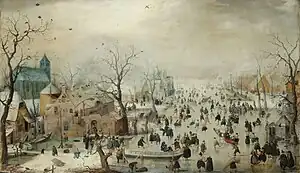 『スケーターのいる冬景色』, ヘンドリック・アーフェルカンプ, 1608年頃, アムステルダム国立美術館, 画家は冬景色を主に描いた。