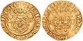 1544–1547年にヘンリーによって鋳造されたクラウン金貨。裏面は4分割されたイングランドとフランスの紋章