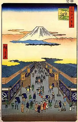名所江戸百景 駿河町(歌川広重)越後屋の暖簾を見ることができる。