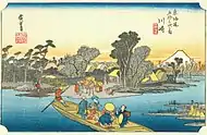 歌川広重『東海道五十三次』より川崎(1834年)。版画イラストによる観光名所案内。浮世絵はジャポニスムとして西洋イラストレーションにも影響(カテゴリ)