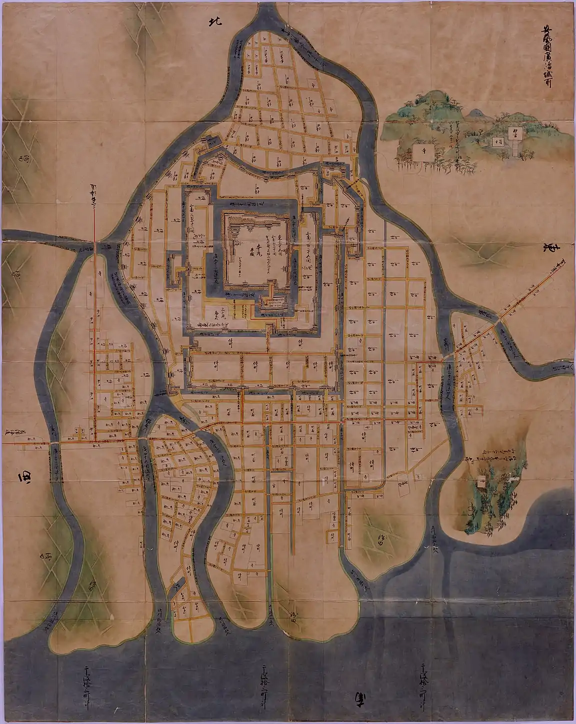 『正保城絵図安芸国広島城所絵図』。城の下側を横断する道が西国街道であり左から2つ目の橋が猫屋橋(本川橋)。