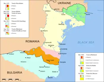 ドブロジャの地図（水色、オレンジ、ピンクの地域はブルガリアが併合し、黄色の地域は中央同盟国が共同管理することになっていた。）