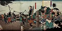 月岡芳年 『美談武者八景、矢矧の落雁』。矢矧橋における蜂須賀小六(描画上は蓮葉兒六将勝)と日吉丸(少年期の豊臣秀吉)の出会いを描いた大判浮世絵武者絵。明治元年(1868年)刊