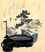 葛飾北斎の画。画面左の布物が、素朴な布ばさみ(樹皮がついたままの木の枝を短く切り二股に加工したもの)で竿に留められている。