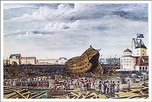 クリストファー・ヴィルヘルム・エッカースベルグの作品: 「イギリス軍が建設途中のホルメン（英語版）でデンマークの船舶を破壊している様子」