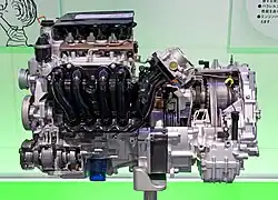 2代目シビックハイブリッドに搭載されるハイブリッドシステムのカットモデル左側がLDA型 1.3Lエンジン、中央がDCブラシレスモーター、右側が無段変速機(マルチマチックS)